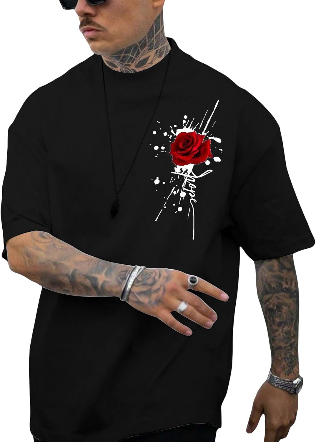 men Rose Print Graphic Tees Oversized T Shirt Summer Tops Casual