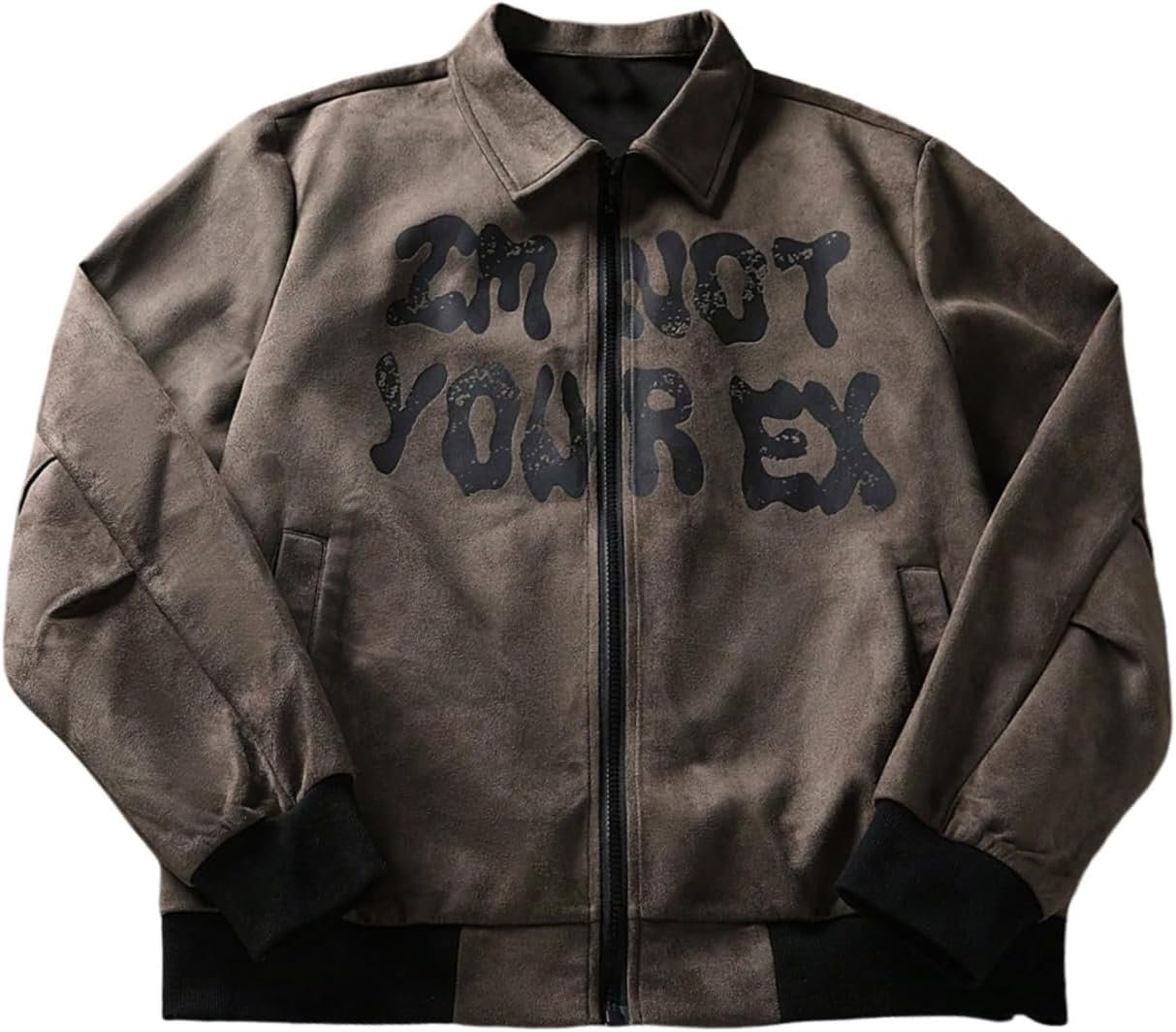 Men's Y2K Faux Suede Jacket Graphic Lightweight Bomber Jackets Oversized Zip Up Vintage Long Sleeve Coats Streetwear