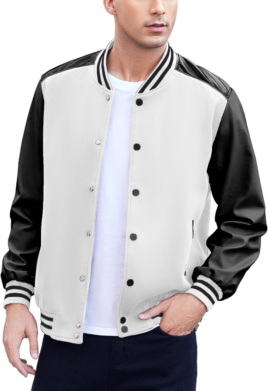 Mens Varsity Jacket Casual Leather Sleeve Baseball Letterman Bomber Jacket Coat